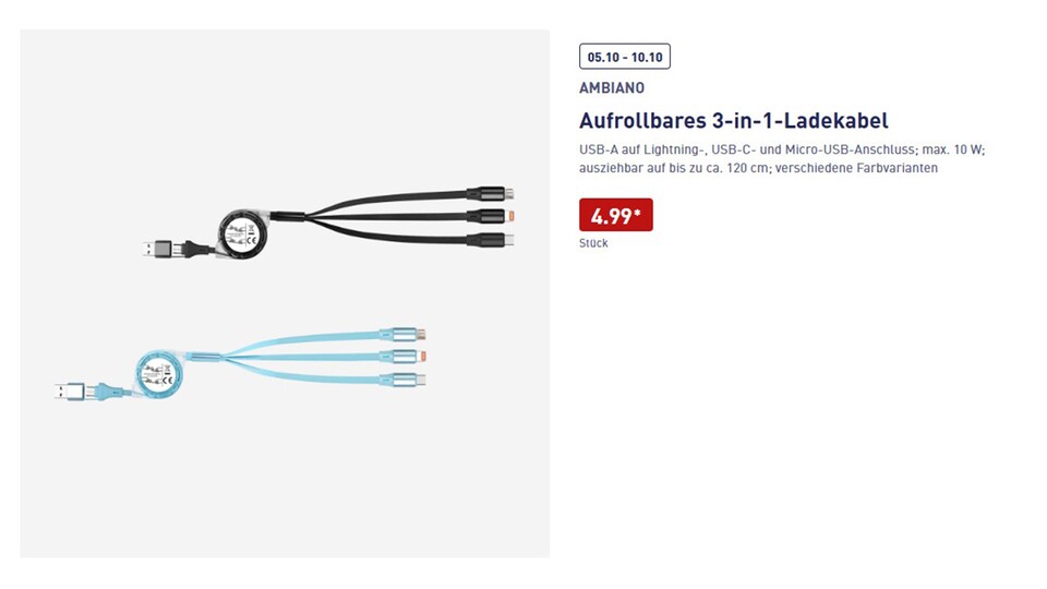 So sehen die 3-in-1-Ladekabel aus. (© ALDI Nord Deutschland)