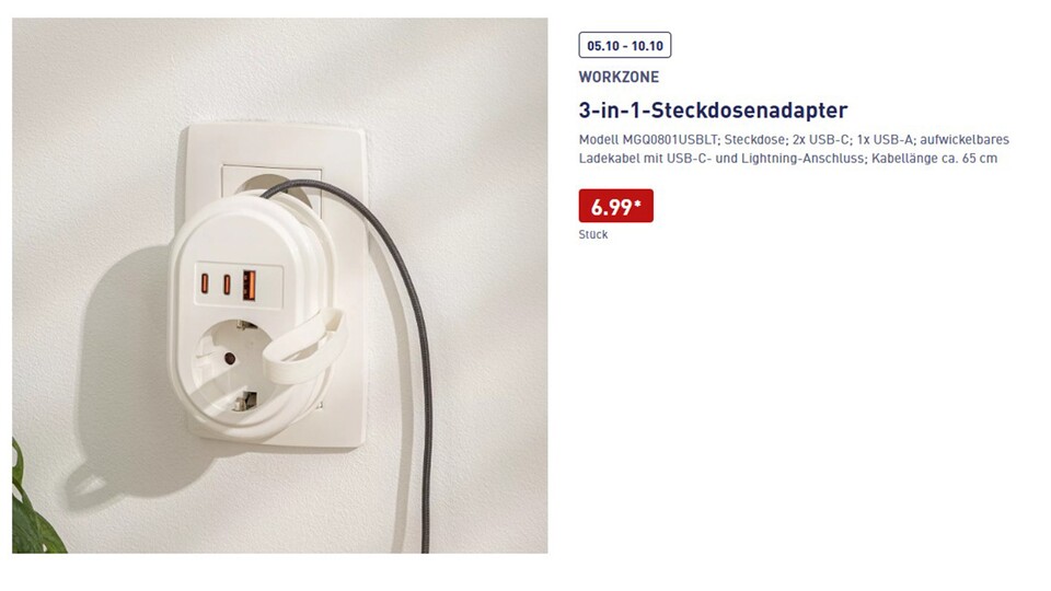 Der aktuell bei Aldi Nord erhältliche Steckdosenadapter. (© ALDI Nord Deutschland)