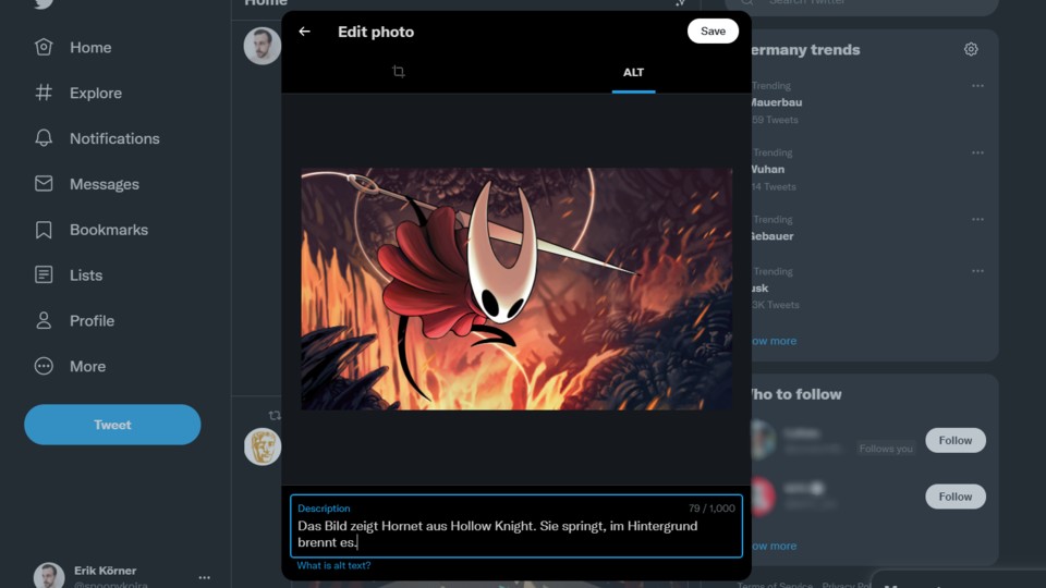 Twitter erlaubt Bildbeschreibungen für Screen Reader mit bis zu 1.000 Zeichen.