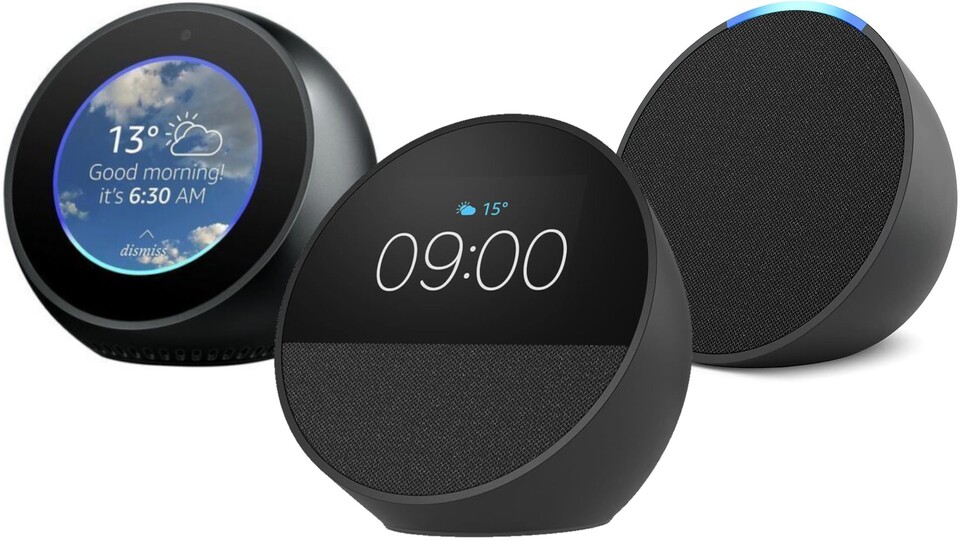 Von links nach rechts: Der alte Amazon Echo Spot aus 2018, der neue Echo Spot aus 2024 und der Echo Pop.