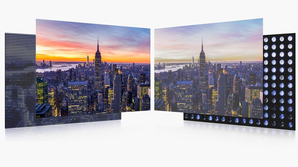 Mini-LED-TVs (links) haben kleinere Leuchtdioden und können so Local Dimming mit kleineren Zonen bieten, wodurch sie höheren Kontrast erreichen.