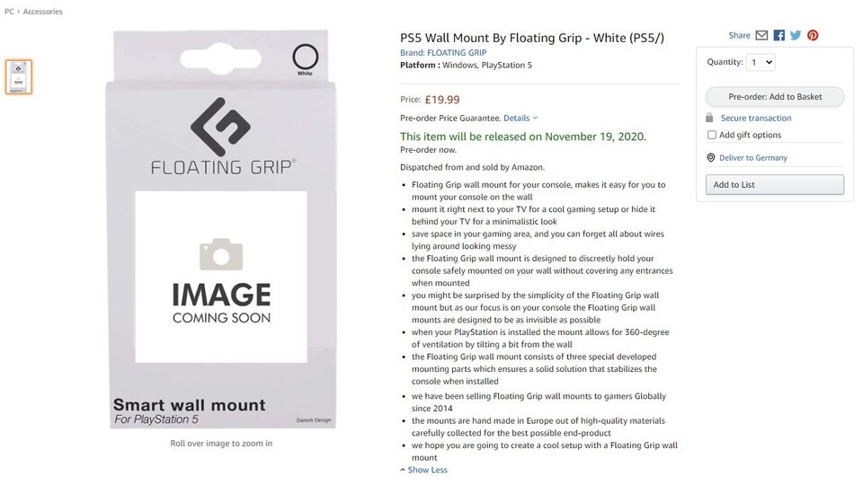 Auf Amazon UK wird aktuell eine PS5-Wandhalterung angeboten, die am 19. November erscheint.