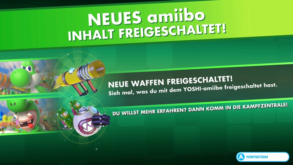 In einigen Spielen könnt ihr die Amiibo-Figürchen einscannen, um Boni zu erhalten – in Mario + Rabbids beispielsweise eine Gatling Gun für Yoshi.