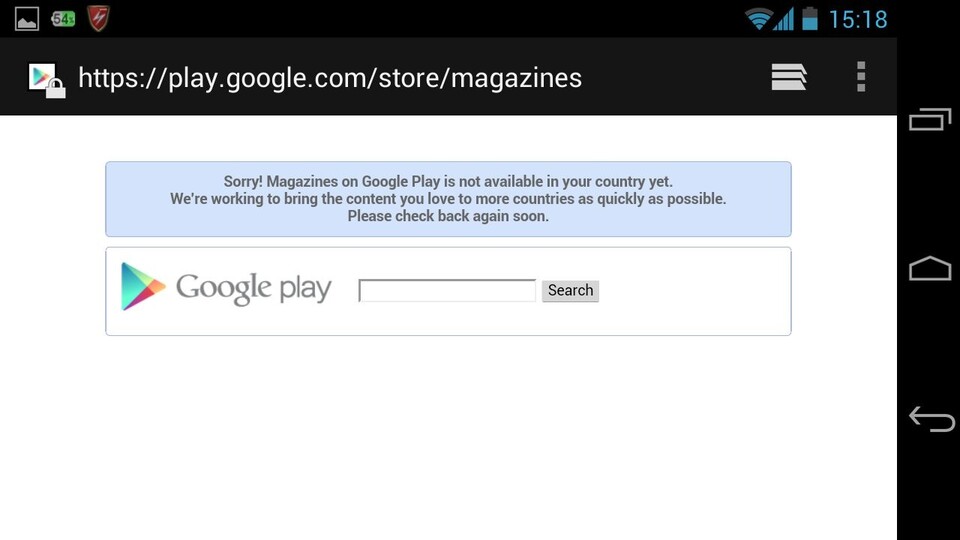 Wenn wir die App Play Magazines öffnen, erhalten wir lediglich diese ernüchternde Nachricht, dass der Dienst in Deutschland noch nicht verfügbar ist.