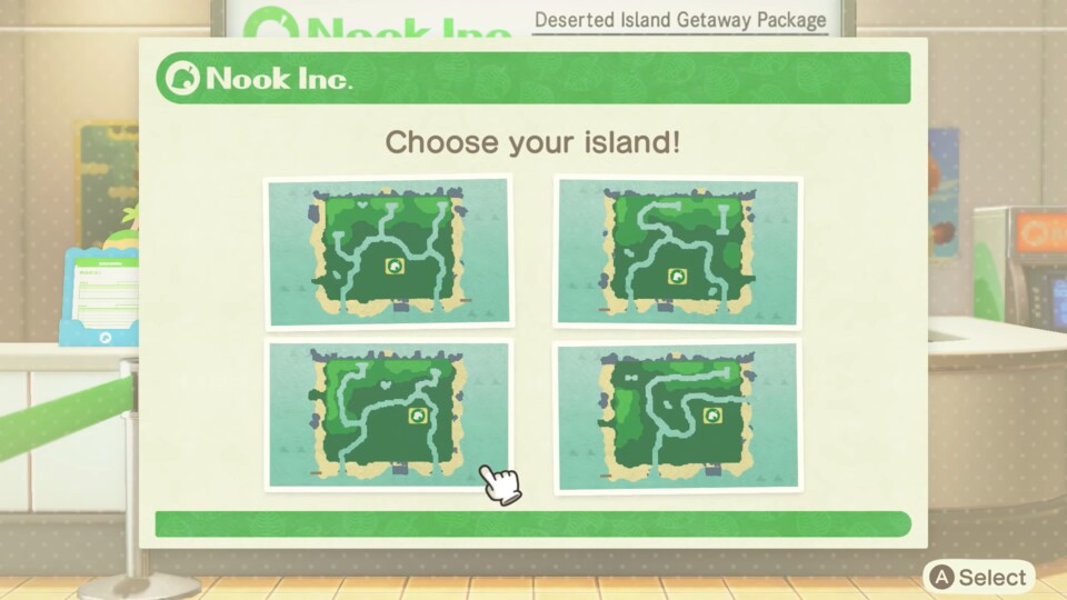 So sieht die Inselwahl am Anfang aus. Bei jedem Start werden euch vier zufällige Inseln angezeigt.