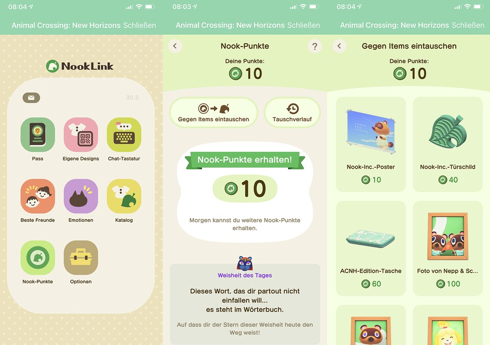 In der Nintendo Switch Online App könnt ihr mit Nook-Punkten neue Items erwerben.