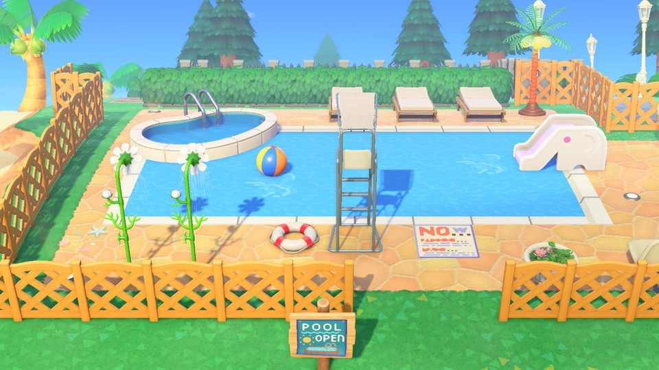 Da der kleine Pool oben links vielen nicht reicht, bauen sich Spieler*innen lieber ganze Schwimmbäder (Bild: Twitter @acnh_chlo).