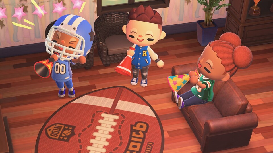 Mit Megafon und Football-Teppich können wir den Super Bowl feiern.