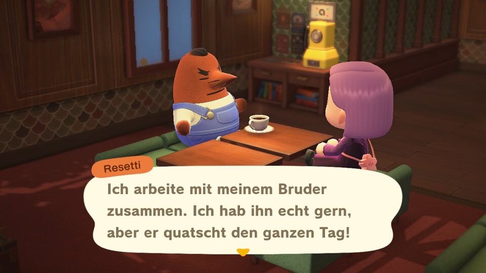 Resetti ist einer der 16 Charaktere, die ihr im Café antreffen könnt. Ob euch das freut oder doch eher unangenehme Erinnerungen aus Wild World wachruft ... das müsst ihr selbst entscheiden.