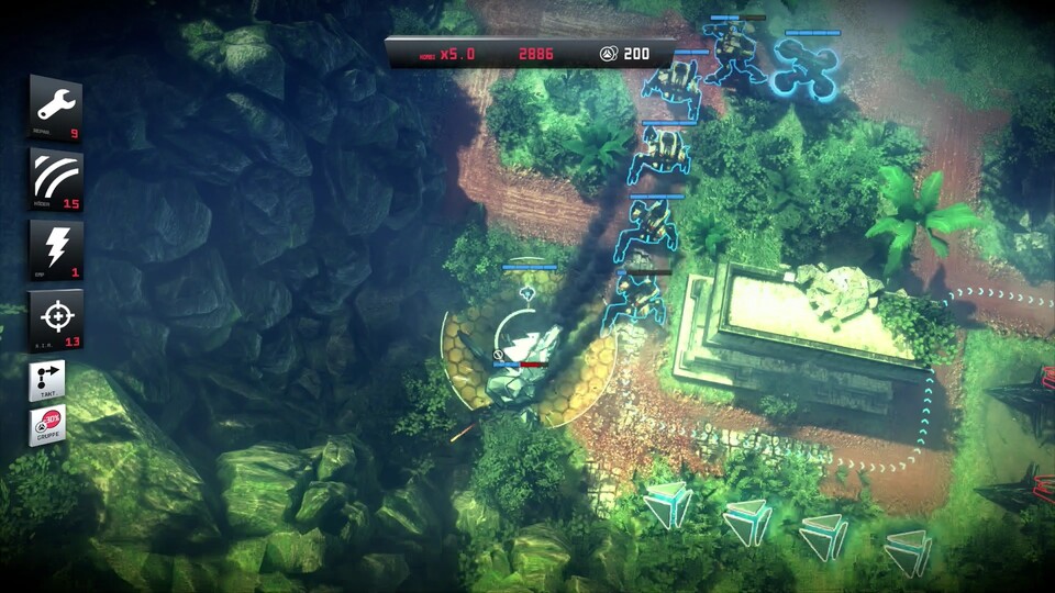 In Anomaly 2 steuern wir auf der PS4 den Commander direkt. Hier legen wir mit einem gelben EMP einen Geschützturm lahm.