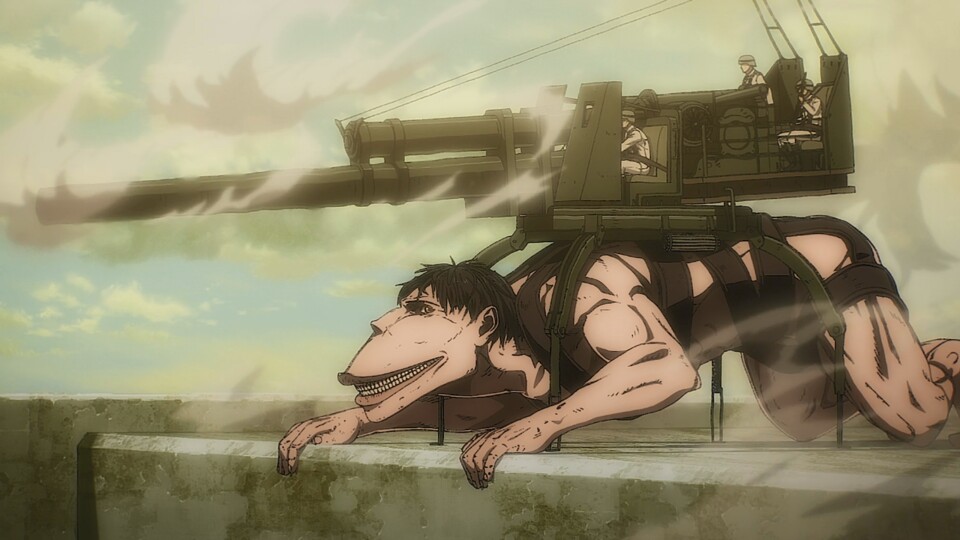 Der Karren-Titan hält so einiges auf seinen Rücken aus. (© Hajime Isayama, Kodansha WIT Studio)