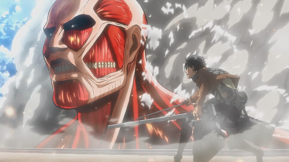 Eren trifft zum ersten Mal auf einen Kolossalen Titanen. (© Hajime Isayama, Kodansha WIT Studio)