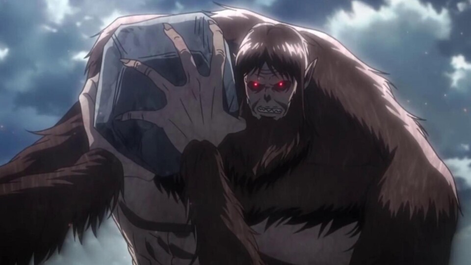 Mit seinen langen Armen kann der Tier-Titan Felsen auf seine Feinde schleudern. (© Hajime Isayama, Kodansha WIT Studio)