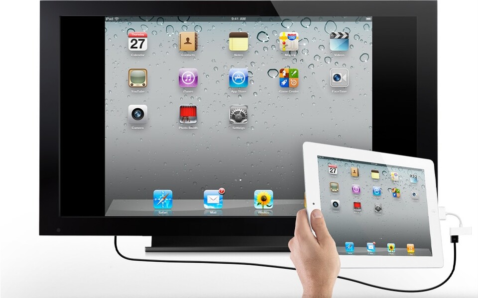 Das iPad 2 lässt sich per HDMI an einen Fernseher verbinden.