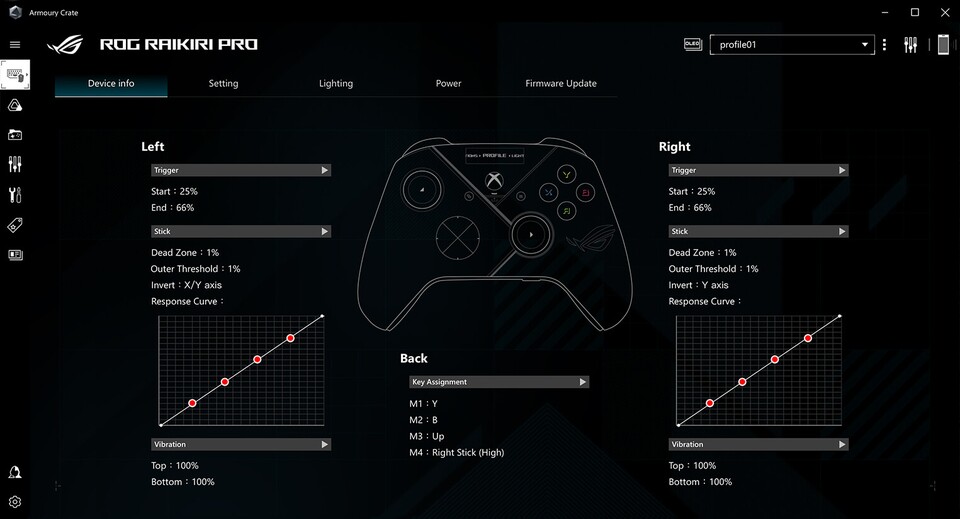 Sieht ziemlich aufgeräumt aus und schafft es hoffentlich auch auf die Xbox - die Armoury Crate-App des Raikiri Pro, in denen ihr den Controller nach Belieben anpassen könnt.