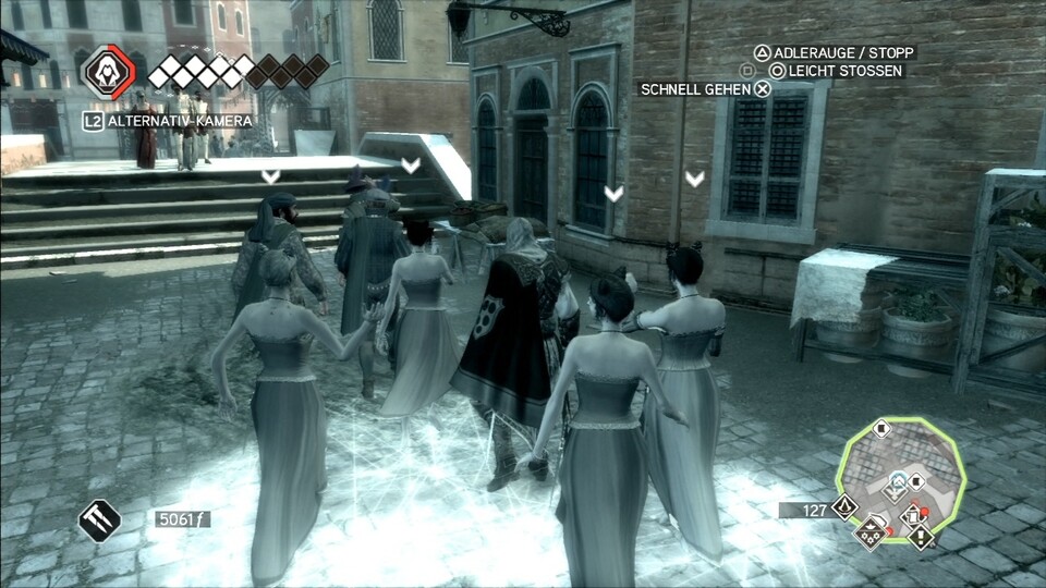 Assassin's Creed 2: So lange ihr euch in einer Gruppe bewegt, werdet ihr unsichtbar für Wachen und Gegner.