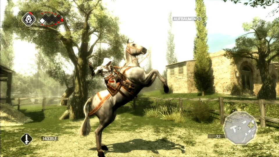 Assassin's Creed 2: Um zwischen den Städten zu reisen, schnappt ihr euch entweder ein Pferd oder nutzt den kostenpflichtigen Schnellreise-Service.