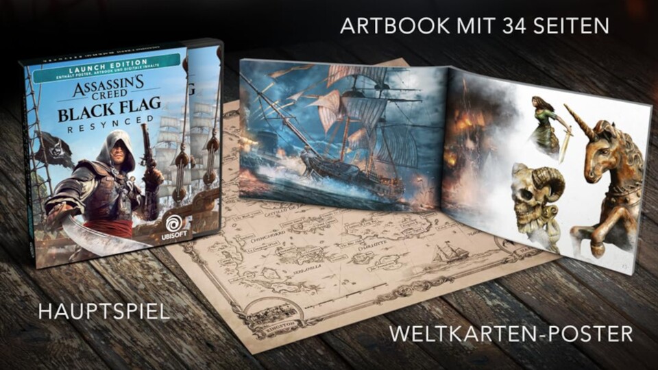 Hier seht ihr die physischen Extras der Launch Edition von Assassins Creed Black Flag Resynced.