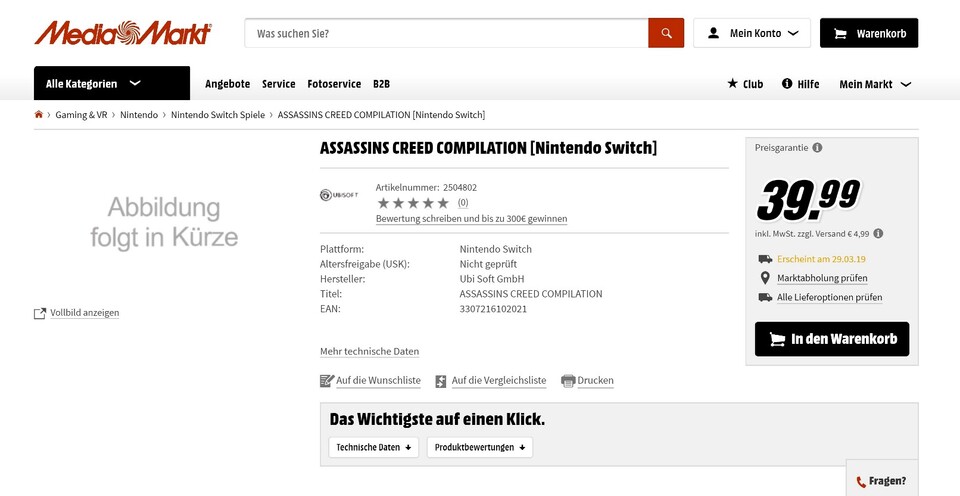 Eine Assassin's Creed Compilation erscheint für die Nintendo Switch? MediaMarkt weiß da anscheinend schon mehr...