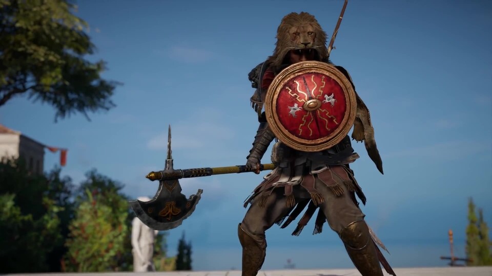 In Assassin's Creed: Origins zogen wir mit Schild in den Kampf, in Odyssey nicht mehr.