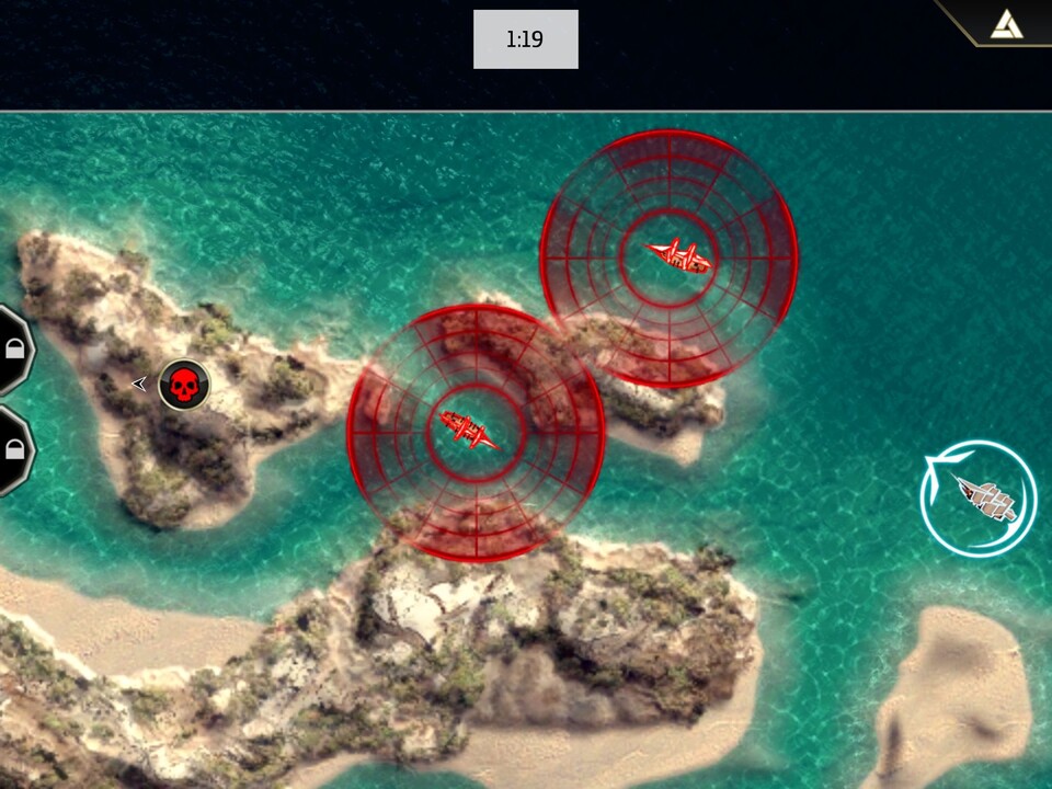 In den Attentatsmissionen sollte man die roten Sichtkegel der Feindschiffe meiden, um innerhalb des Zeitlimits zum Zielboot am linken Kartenrand zu gelangen. (iPad)