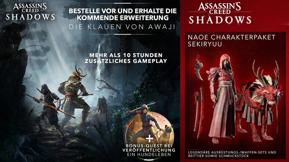 Als Vorbesteller-Bonus für AC Shadows bekommt ihr eine Bonus-Quest und einen ganzen Story-DLC. Das Charakterpaket, das ihr rechts seht, ist hingegen nur in der Limited Edition bei Amazon enthalten.