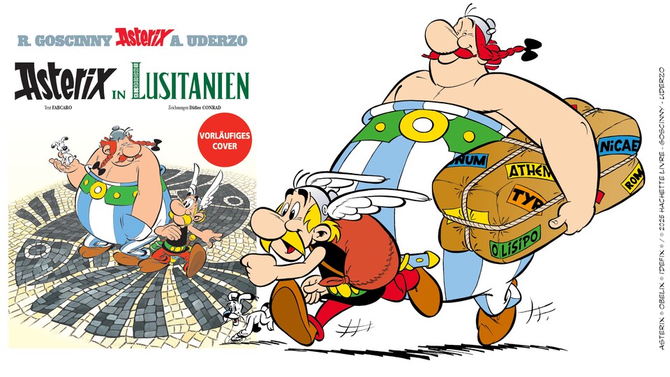 Viel mehr als das Titelbild ist noch nicht vom neuen Asterix-Comic bekannt. Auf der offiziellen Website (https:asterix.comdealbumsdie-klassischen-abenteuerasterix-in-lusitanien) ist noch dieses inzwischen verworfene Cover und das kleine Artwork zu sehen.