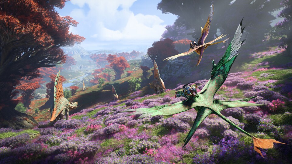 Die Spielwelt von Avatar: Frontiers of Pandora ist atemberaubend und sieht vom Rücken eines Ikran aus gleich nochmal schöner aus.