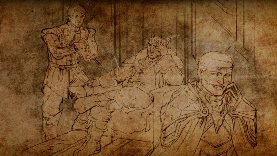 Aveline Vallen (Vordergrund), zusammen mit Varric (sitzend) und Bran Cavin (links) im Epilog zum Dragon Age: Inquisition DLC “Eindringling”