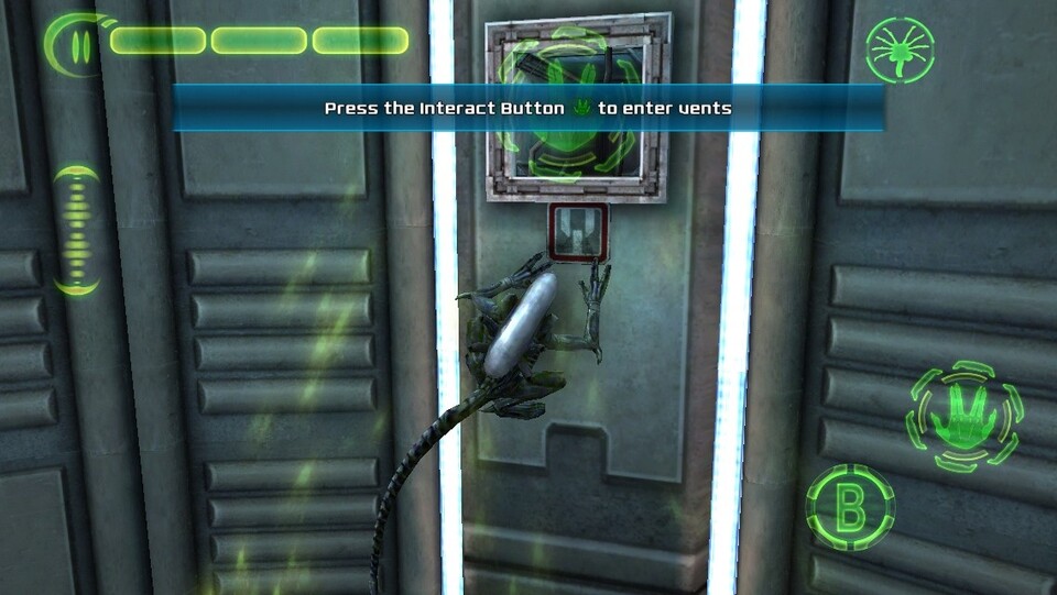 An vorgegebenen Stellen klettert das Alien Wände hinauf. Der Predator kann Terminals hacken.