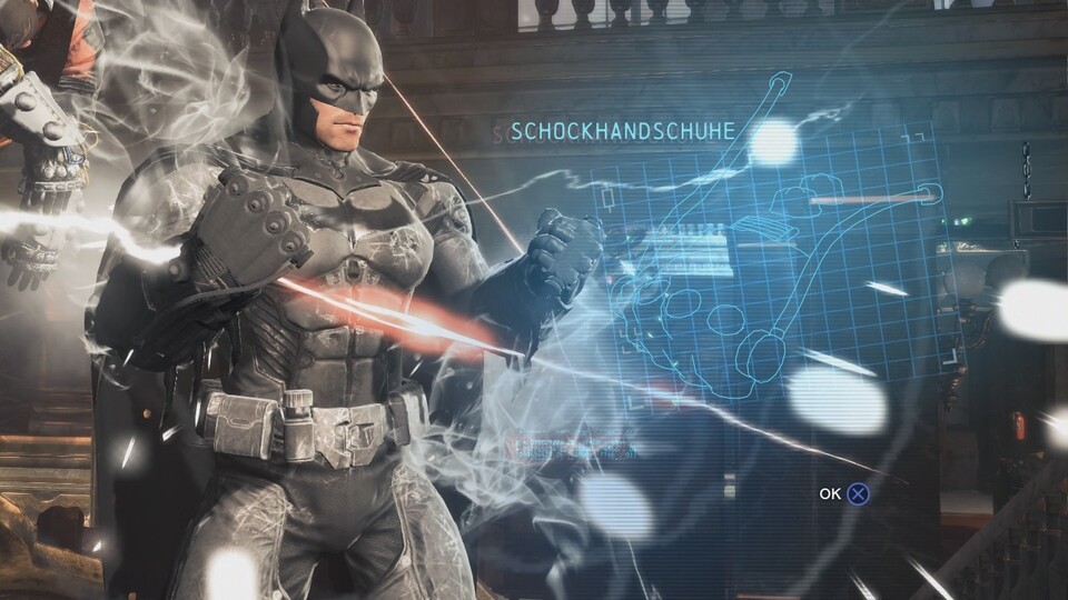 Je weiter wir im Spiel vorankommen, desto größer wird Batmans Gadget-Arsenal. Die Schockhandschuhe sind prima Hilfsmittel im Kampf.