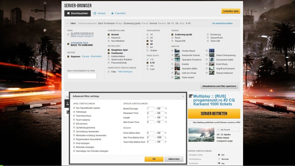 So sehen die Server-Optionen in der PC-Version von Battlefield 3 aus.