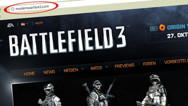 Die Adresse www.Modernwarfare3.com verweist auf die offizielle Website des Konkurrenten Battlefield 3.