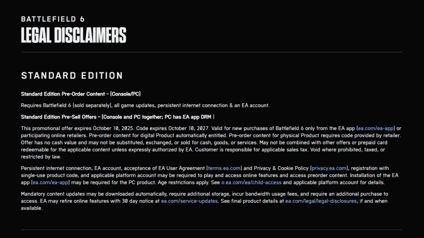 Die mittlerweile nicht mehr online zu findende Legal Disclaimers-Seite für die Vorverkaufsangebote von Battlefield 6.