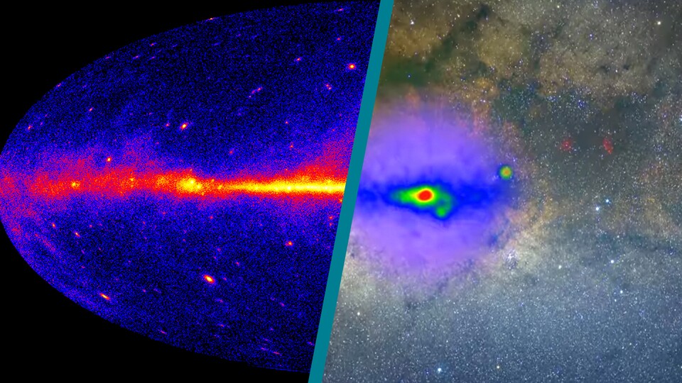 Dieses Leuchten stellt mysteriöse Gammastrahlen im Zentrum der Milchstraße dar. (Bild: NASA Goddard; A. Mellinger, CMU; T. Linden, Univ. of Chicago)