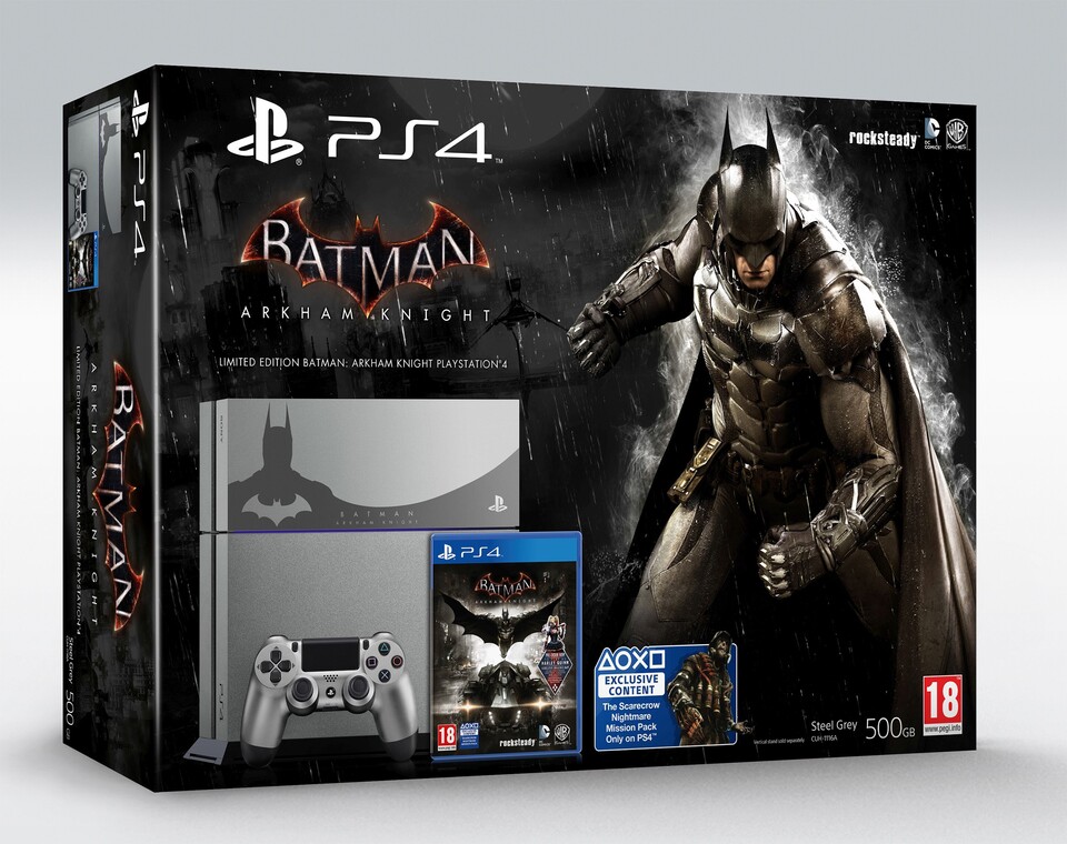 Batman: Arkham Knight wird in zwei PS4-Bundles angeboten: Mit klassischer, schwarzer Konsole, und einer limiterten Batman-Variante.