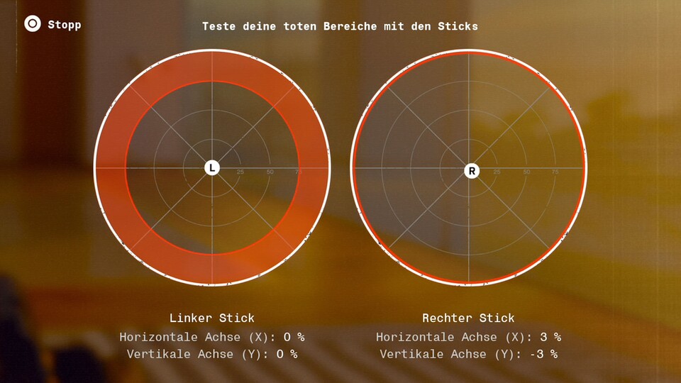 Stellt ihr die Totzonen auf 0, zeigen euch die Prozentangaben die Abweichung eurer Sticks von der neutralen Position an. Das Minimum sollte jeweils darüber liegen.