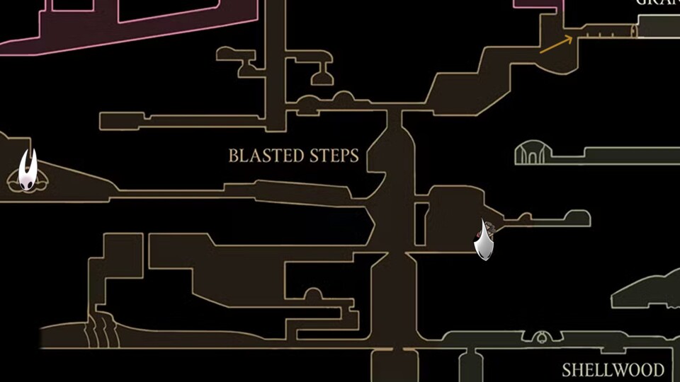 Der Pfeil zeigt den Weg zum nächsten Gebiet, Hornet markiert den Skill und Shakra die Karte.