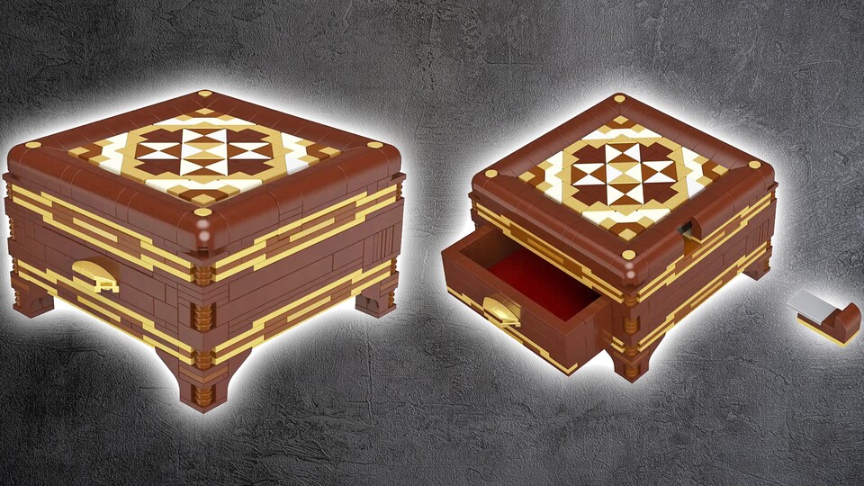 Eine schicke Holzkiste mit goldenen Ornamenten – die Schublade ist aber nicht das Geheimfach.
