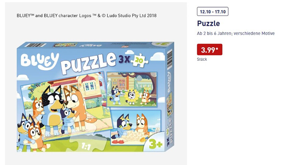 So sieht das Bluey-Puzzle mit den unterschiedlichen Motiven aus.