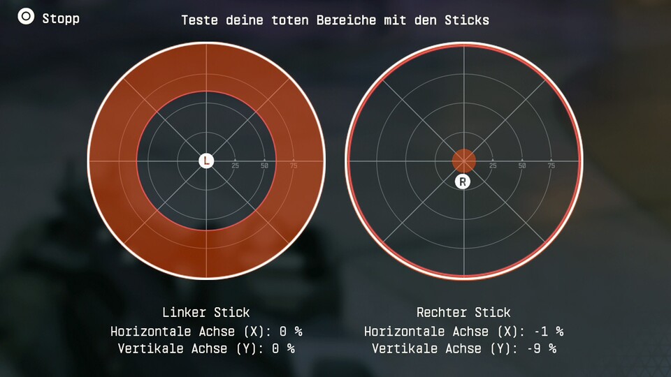 Über das praktische Tool im Deadzone-Menü könnt ihr eure Sticks auf Fehlstellungen überprüfen. Unser linker Stick ist top in Schuss, dort kann die minimale Deadzone ganz niedrig. Der rechte Stick driftet hingegen unter 10 Prozent.
