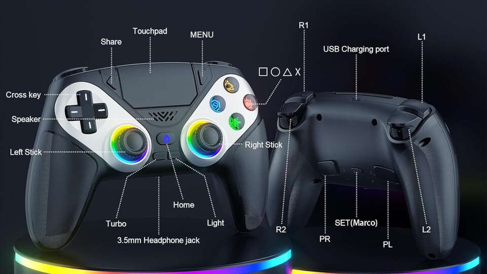 Der Bonacell PS5-Controller bietet vorn RGB-Beleuchtung und auf der Rückseite programmierbare Extra-Tasten.