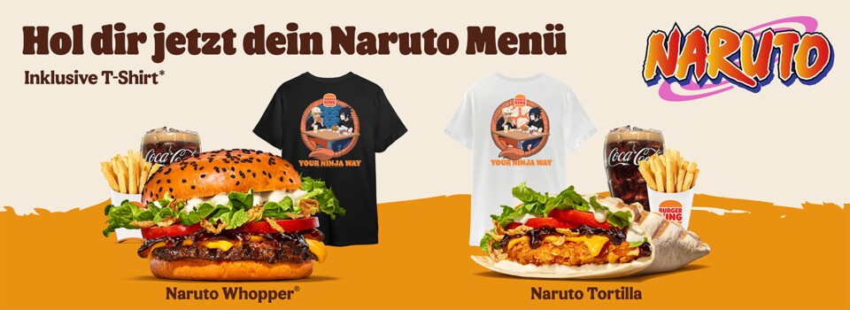 Das Naruto-Menü besteht nicht nur aus einem Burger sondern ihr bekommt auch ein Shirt. (Bild © Burger King)