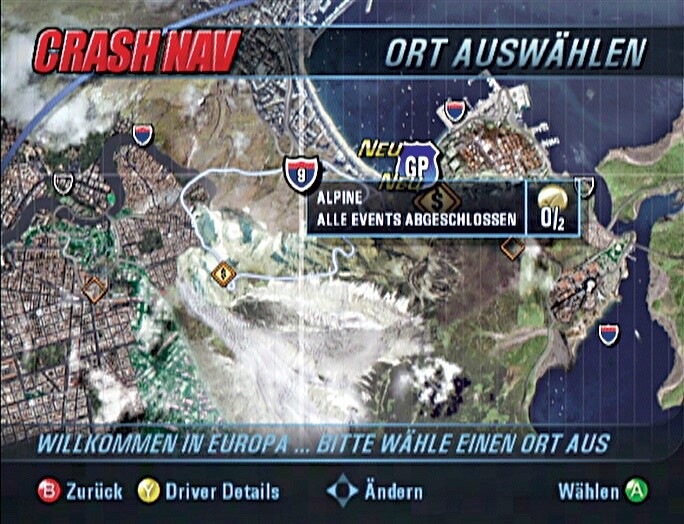 Auf dem »Crash Nav« wird euch jedes Ereignis übersichtlich dargestellt. Die Rennen dürft ihr beliebig oft fahren. Screen: Playstation 2