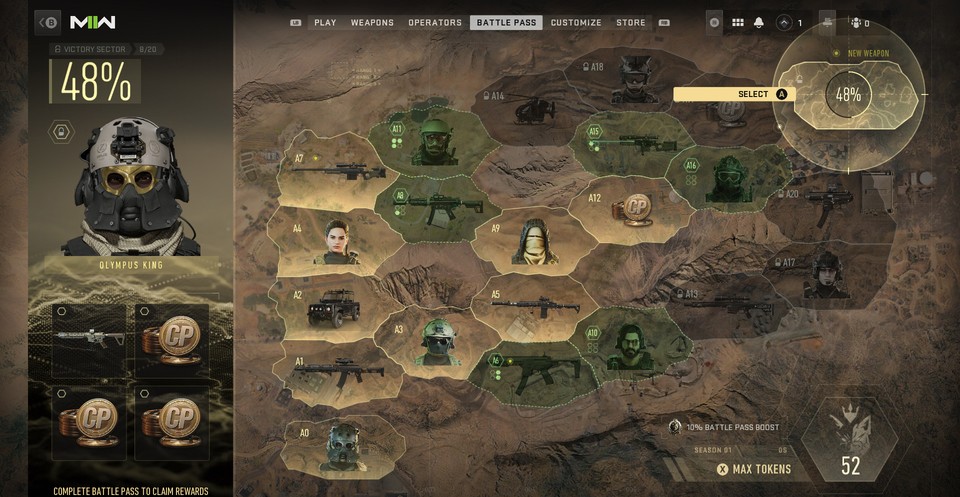 Here's what the CoD MW2 and Warzone 2 Battle Pass looks like with its sectors.  On the left you can see the golden skin.