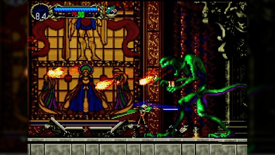 Zuerst nur ein schmächtiger Magier, verwandelt sich Bossgegner Olrox in ein grünes Biest, das Feuerbälle quer über den Bildschirm spuckt.