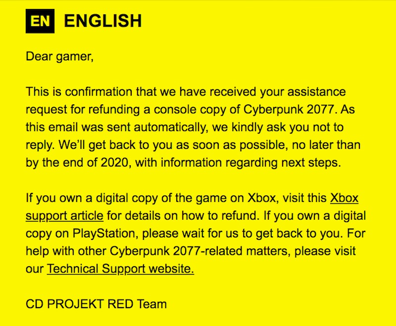 CD Projekt Nachricht an Fans Rückgabe Cyberpunk 2077
