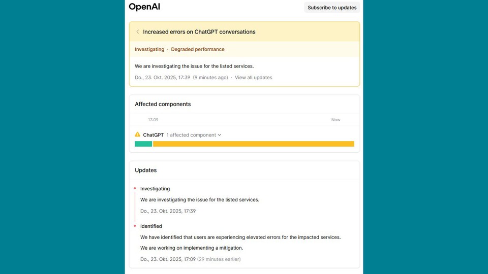 Seit 17:09 Uhr wird der Server-Fehler von OpenAI bearbeitet.