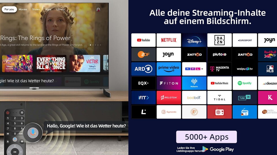 Das Google TV-Betriebssystem des ChiQ QM8 bietet tollen App-Support und Sprachsteuerung.