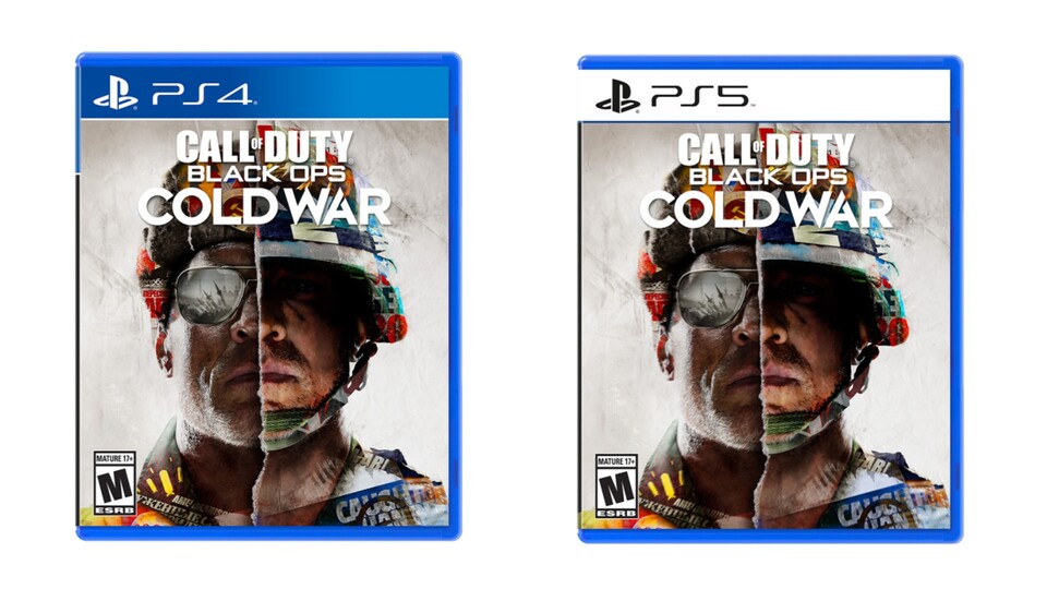 PS4-Version (links, mit blauer Leiste) und PS5-Version (rechts, mit weißer Leiste)